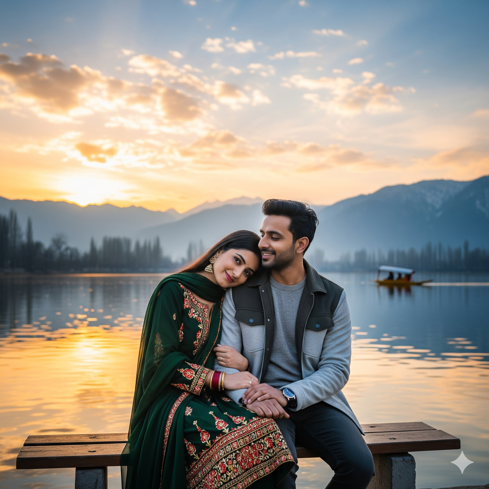 Preeti Sharma and her husband sharing a romantic moment on their honeymoon in Kashmir at sunset.